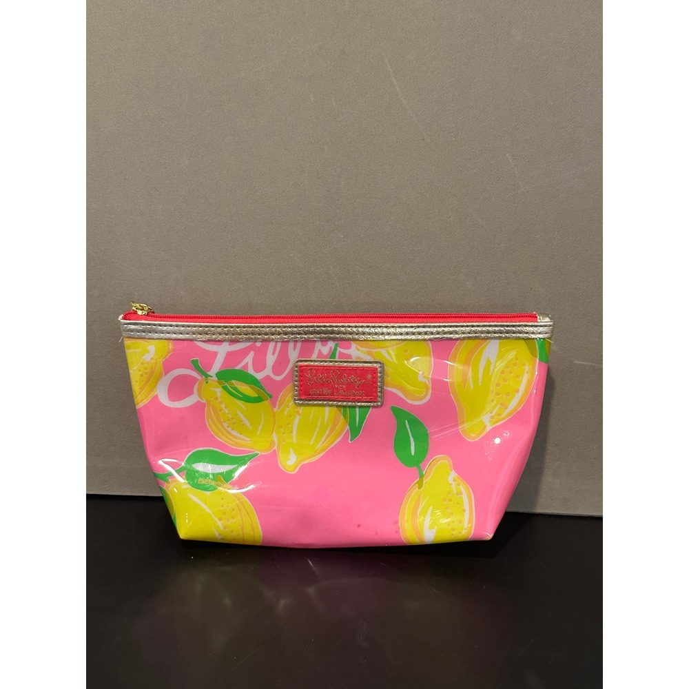 Lilly Pulitzer Estee Lauder Pink Lemon Print Cosmetic Makeup Bag Pouch Zip Top